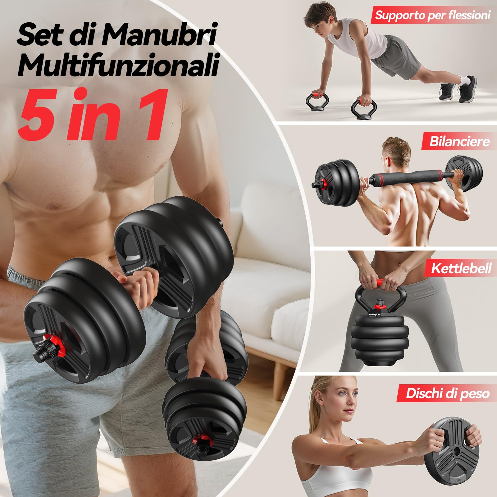 Set di 2 Manubri Regolabili, 10/15/20/25/30/40 kg, Set di Pesi con Dado Rinforzato, Set di Pesi 5 in 1 Utilizzabile Come Kettlebell, Bilanciere e Supporto per Flessioni