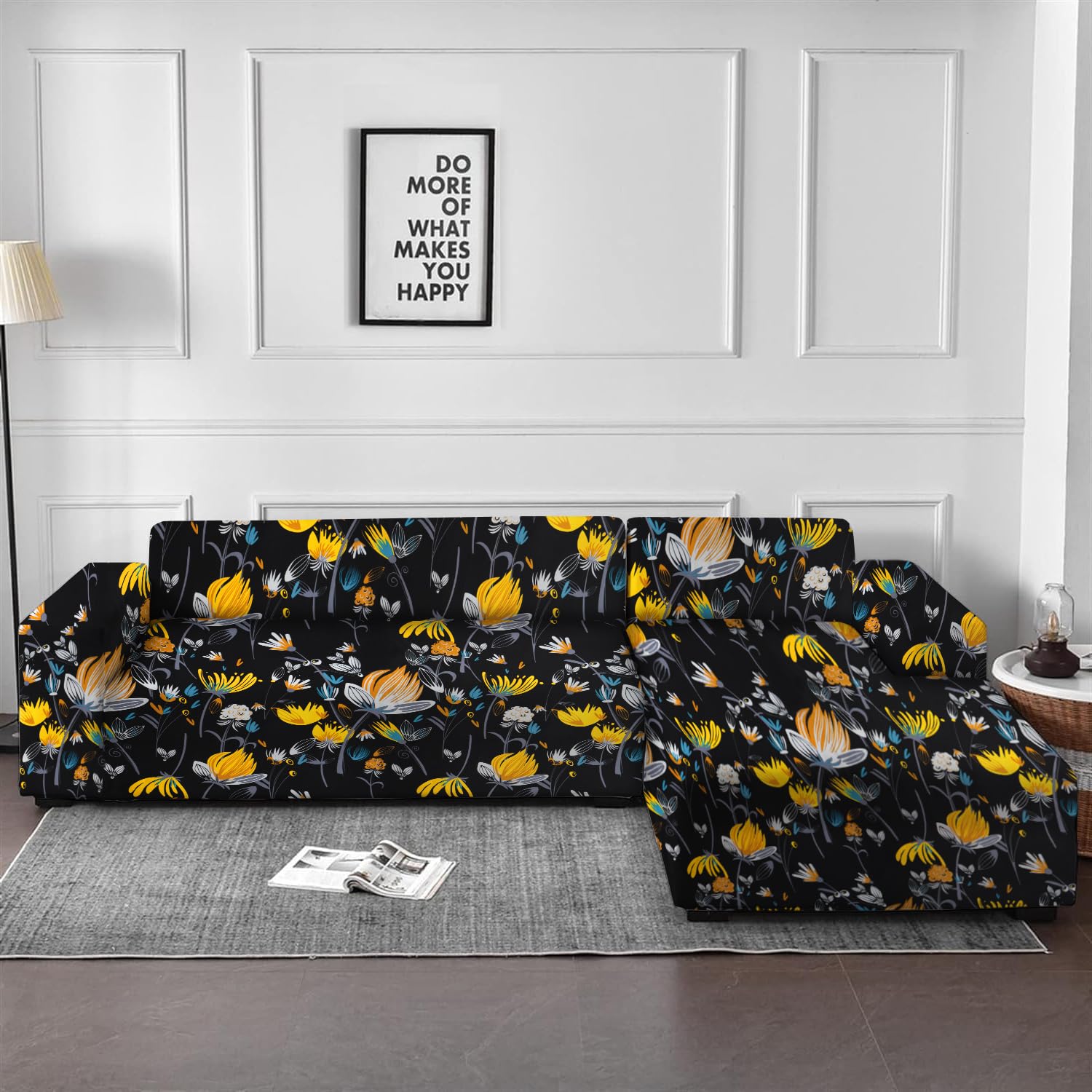 Lukzer L-Shaped Sofa Cover - Navy Blue Flower -9