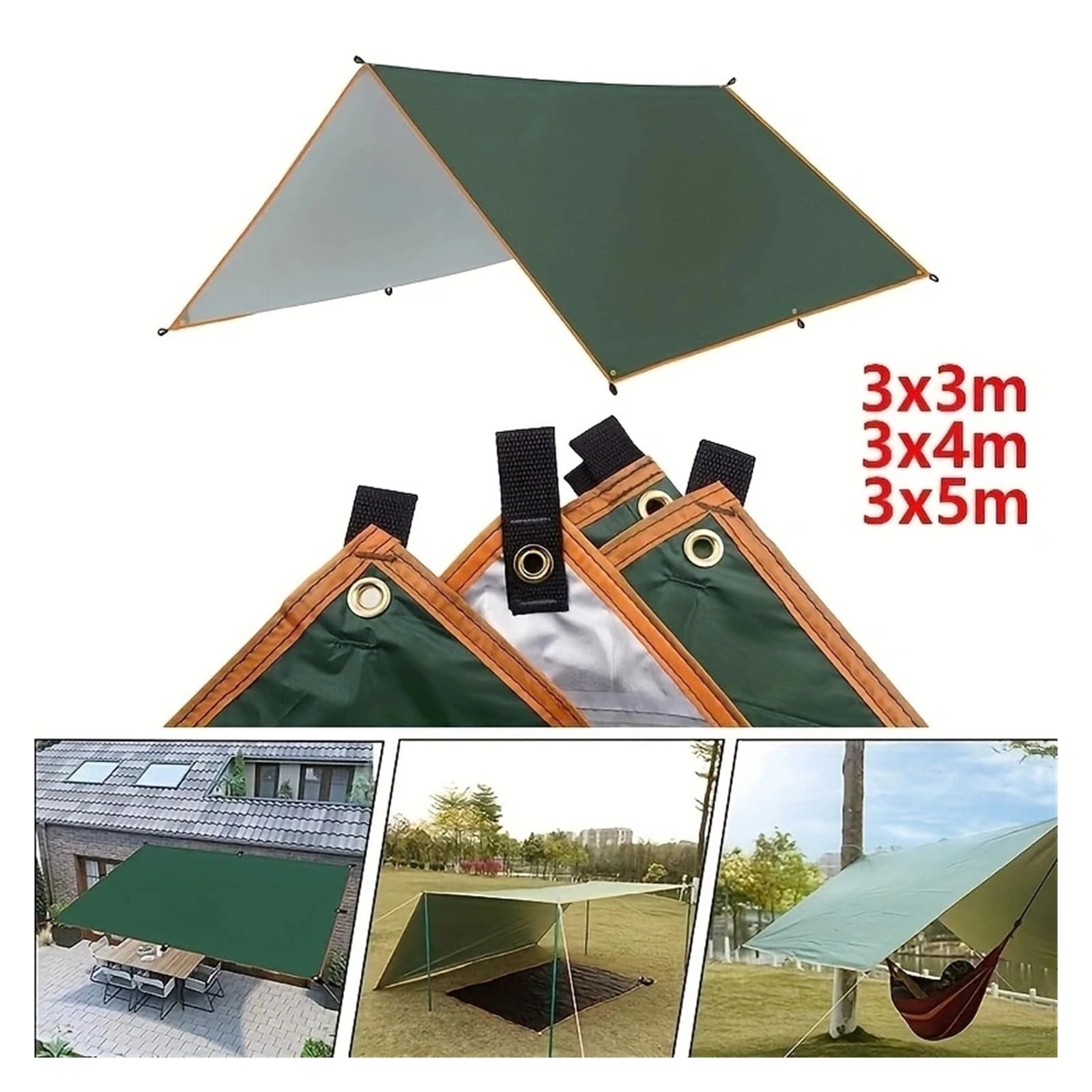 Bâche imperméable ultra légère - 5 x 3 m - 4 x 3 m - 3 x 3 m - Pour le camping, la plage - Vert - 3 x 5 m