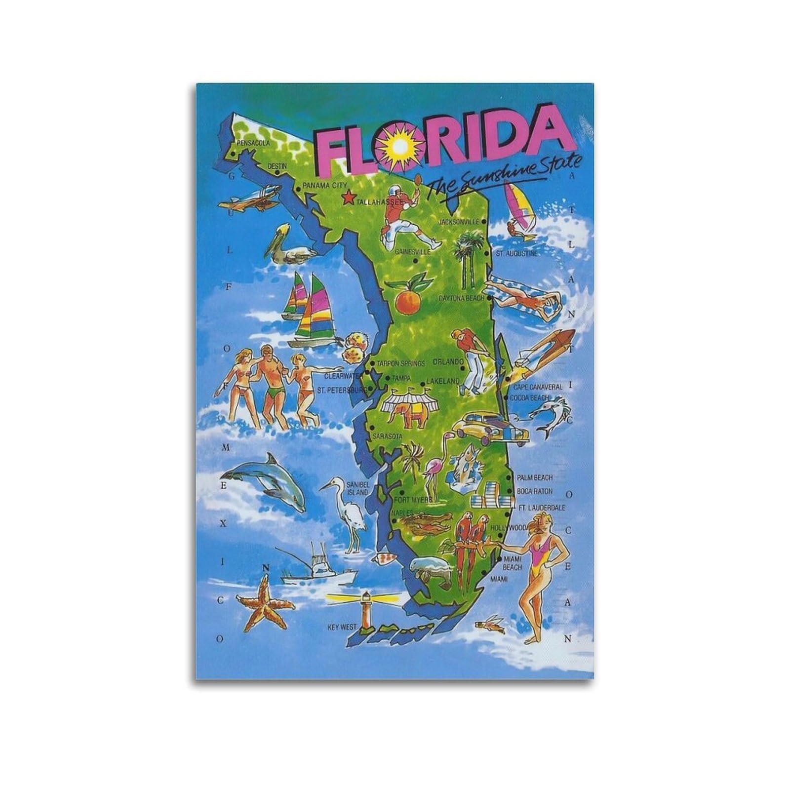 ESTE Florida Tourism Cartoon Map The Sunshine State Poster Decorative Painting Canvas Modern Art Picture 20x30inch(50x75cm)