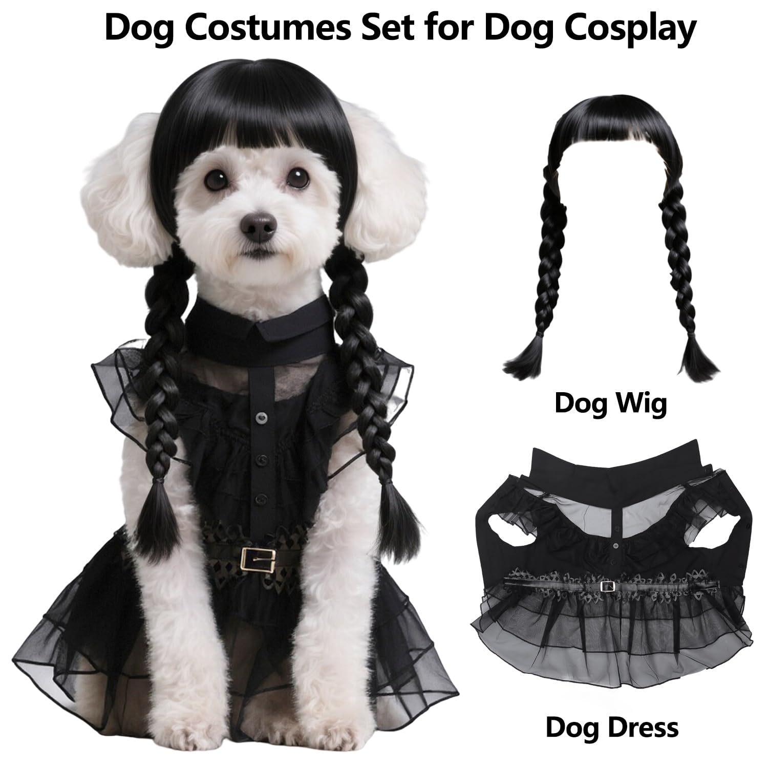 AN002S Lot de 3 vêtements pour chiens de petite taille avec perruque et ceinture – Vêtements pour chiens et chats – Costume pour cosplay, Halloween, fête d'anniversaire – Noir