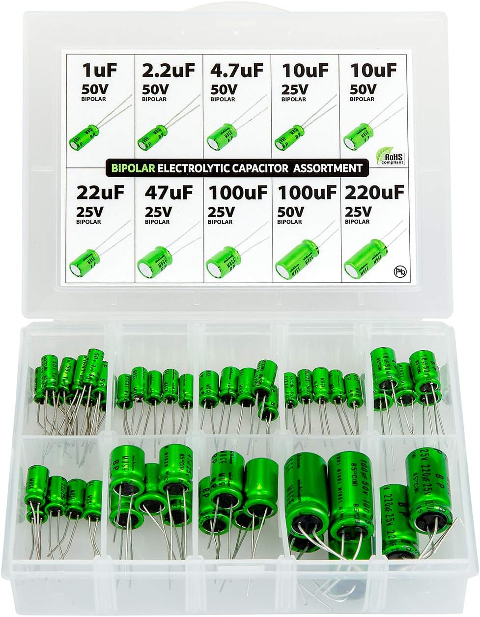 Bipolar (Non Polarized) BP NP Audio Electrolytic Capacitor Assortment Kit, 50 pcs, 10 Values, 25-50 Volt, 1uF, 2.2uF, 4.7uF, 10uF, 22uF, 47uF, 100uF, 220uF