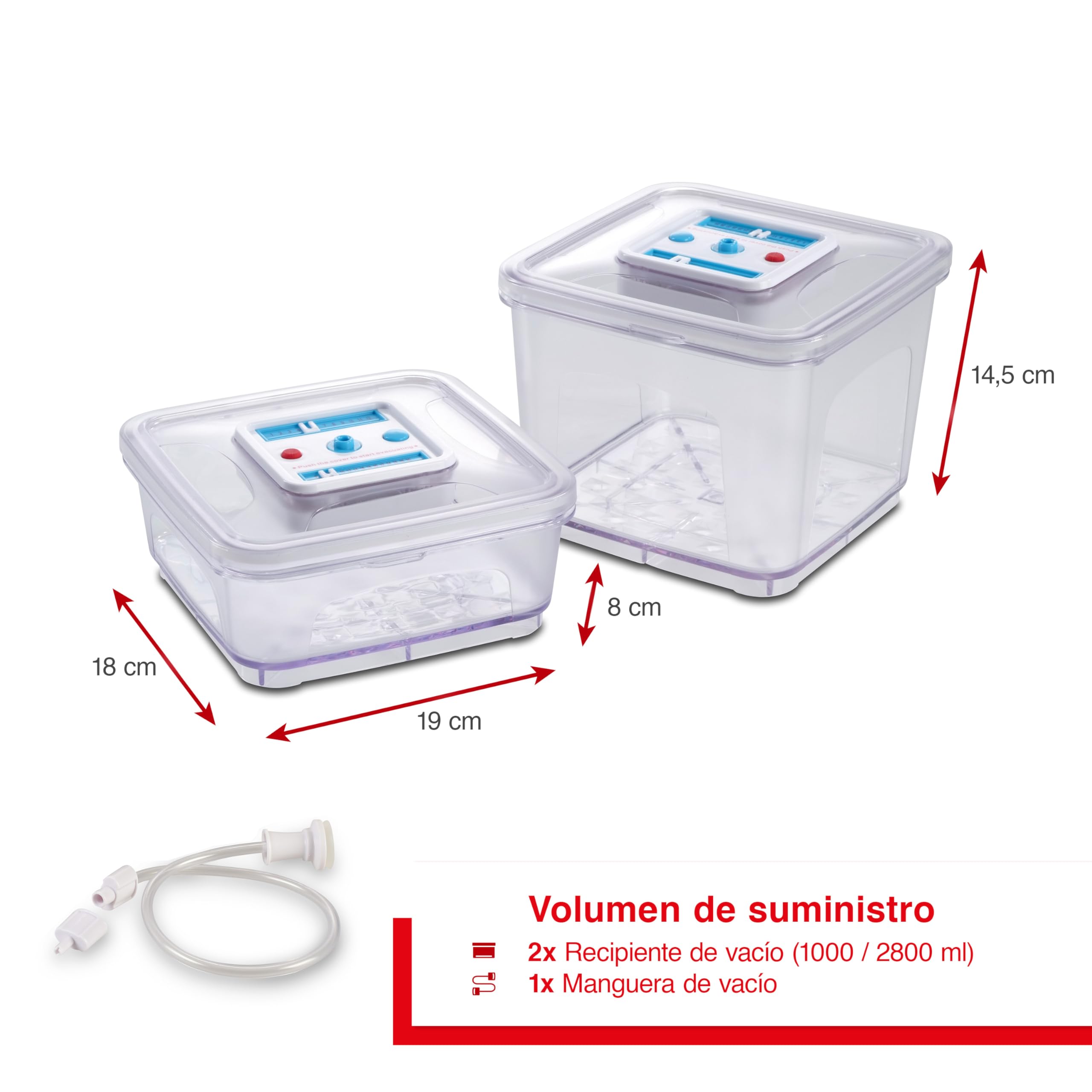 Solis Set de envasado al vacío, 2 Botes de vacío: 1000 + 2800 ml, recipientes Cuadrados al vacío para envasadora al vacío con indicador de Fecha y presión Negativa