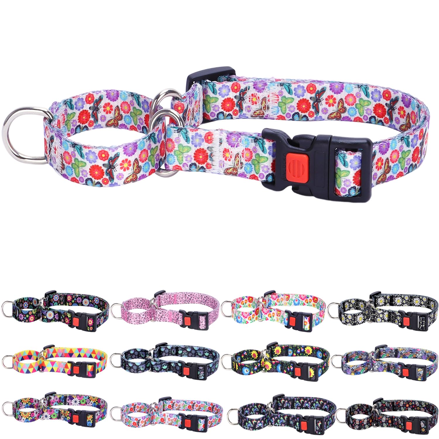 Martingale Dog Collars for Medium Large Dogs with Quick-Release Buckle, Butterflies Design & Adjustable Heavy Duty Dog Collars for Training, Walking, Hunting (L)