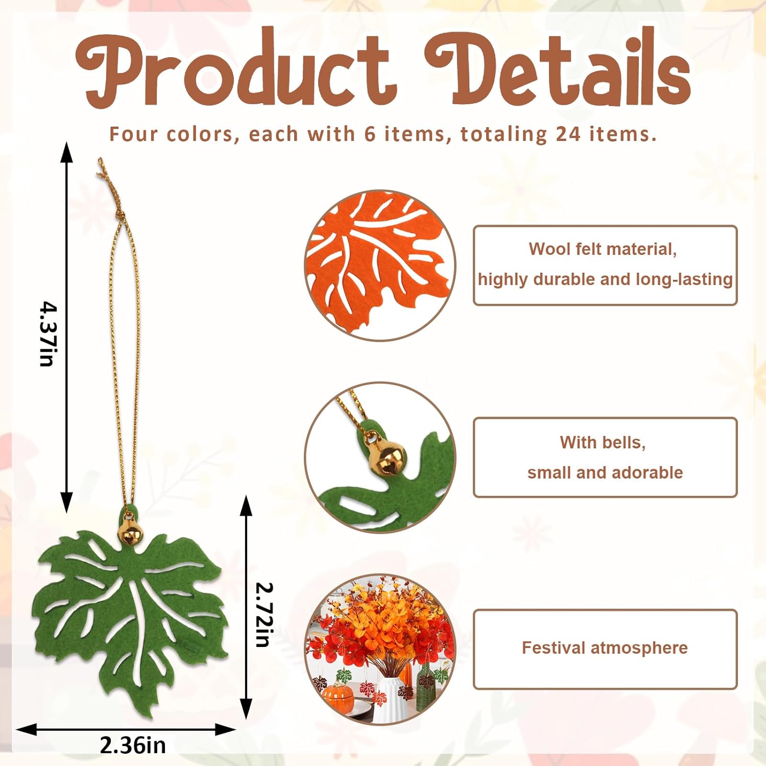 ALIBBON 24 Pcs Fall Tree Decoration Thanksgiving Tree Ornaments Felt Maple Leaf with Jingle Bell Autumn Leaves Hanging Ornaments for Trees Harvest Farmhouse Fall Decorations for Home - Image 2