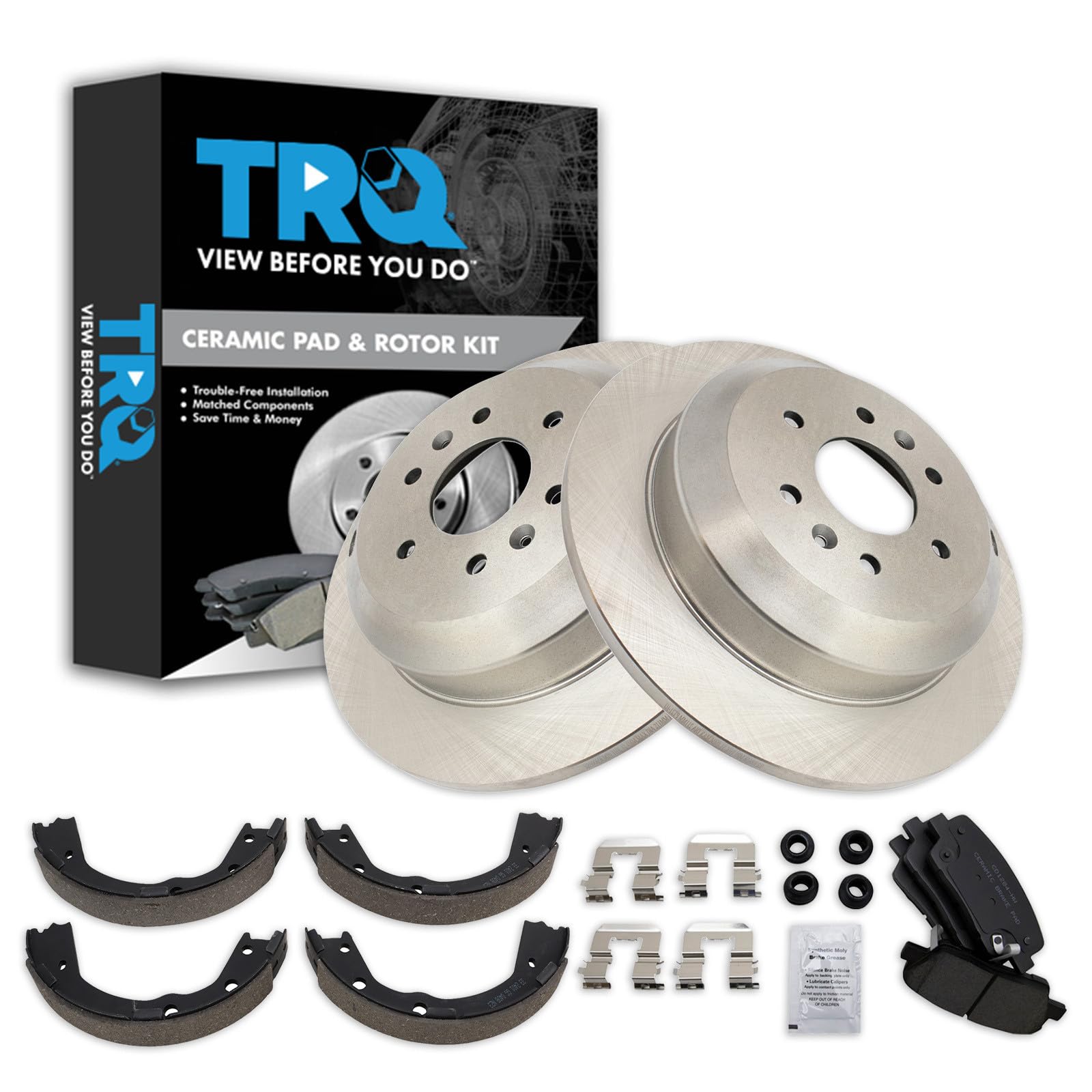 TRQ Rear Brake Pad and Rotor Set Ceramic Parking Shoe Compatible with 2009 Kia Borrego