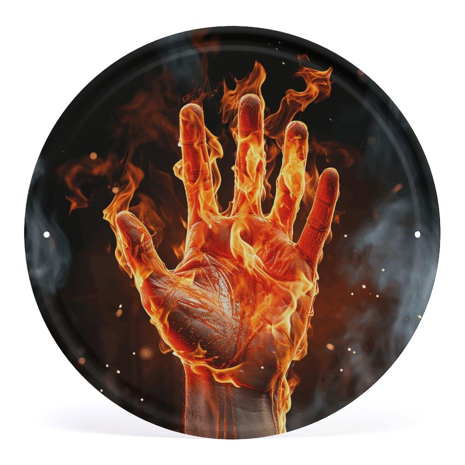 Fodpand Style Fire Flame Hand Round Wall Art Hanging Decorations, Wall Decor Modern Minimalist Artwork, Tin Sign Hanging Picture For Living Room, Bedroom, Office, Hallway, 11.8X11.8 Inch