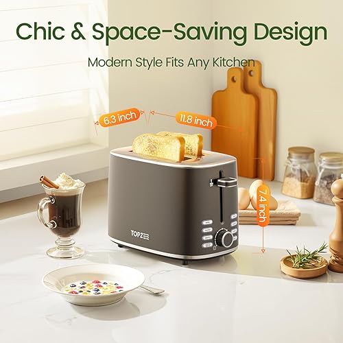 Miniatura 6 de Topzee Tostadora de 2 rebanadas, ranura ancha para tostar panes sin gluten, 7 ajustes de sombra, descongelar y recalentar, acero inoxidable, fácil
