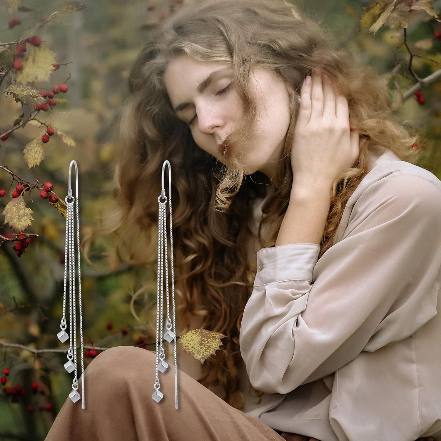 Sterling Silver Threader Earrings Flower Heart Moon Star Tiny Cube Rhombus Sector Beads Dream Catcher Evil Eye Butterfly Leaf Lightning Bolt Tassel Dangle Drop Chain Charm Earrings Jewelry Gifts for Women - Image 6