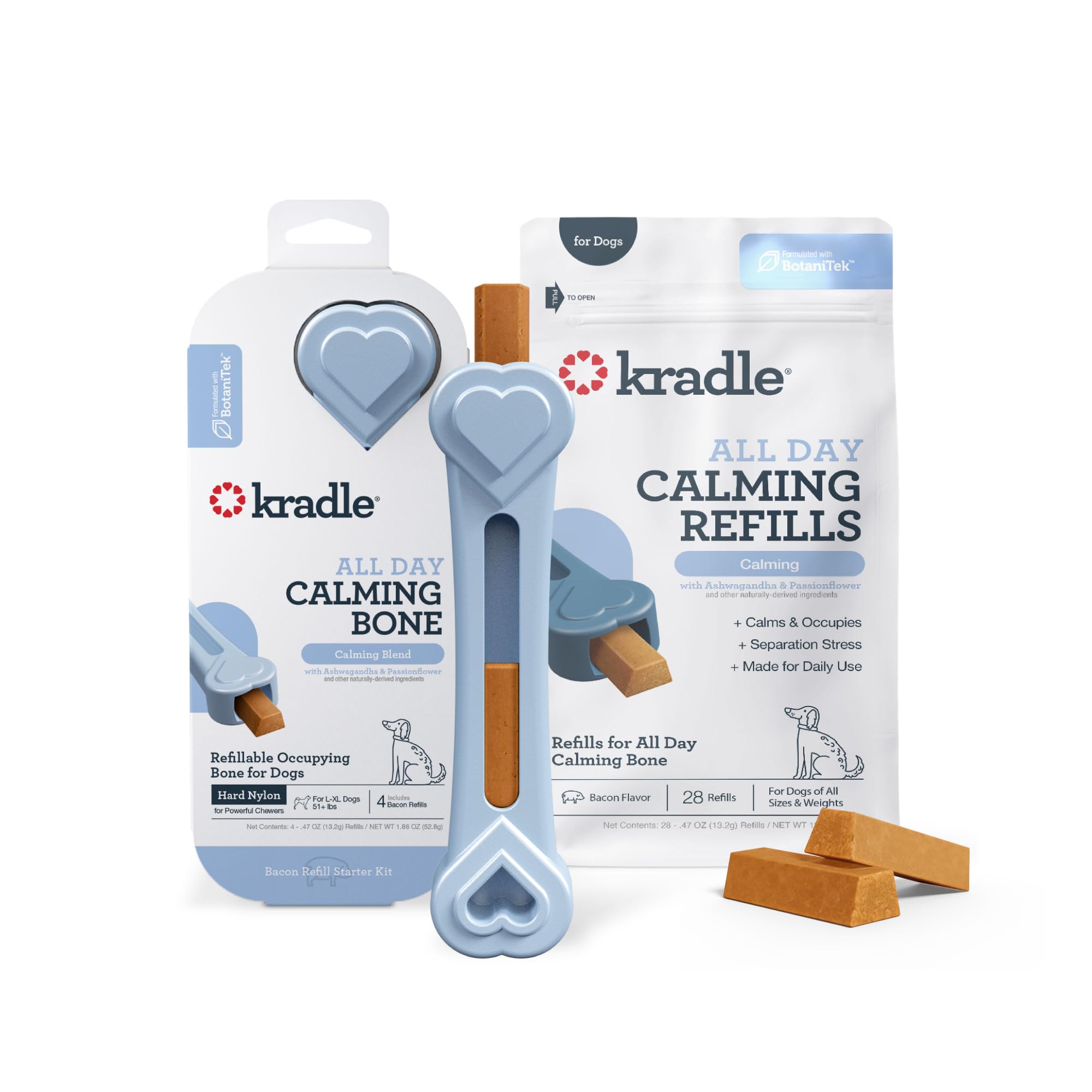 Kradle Hueso de perro calmante para todo el día, juguete recargable con sabor a tocino con Ashwagandha y GABA para perros ansiosos, hueso de perro de nailon de 8 pulgadas con 28 recambios