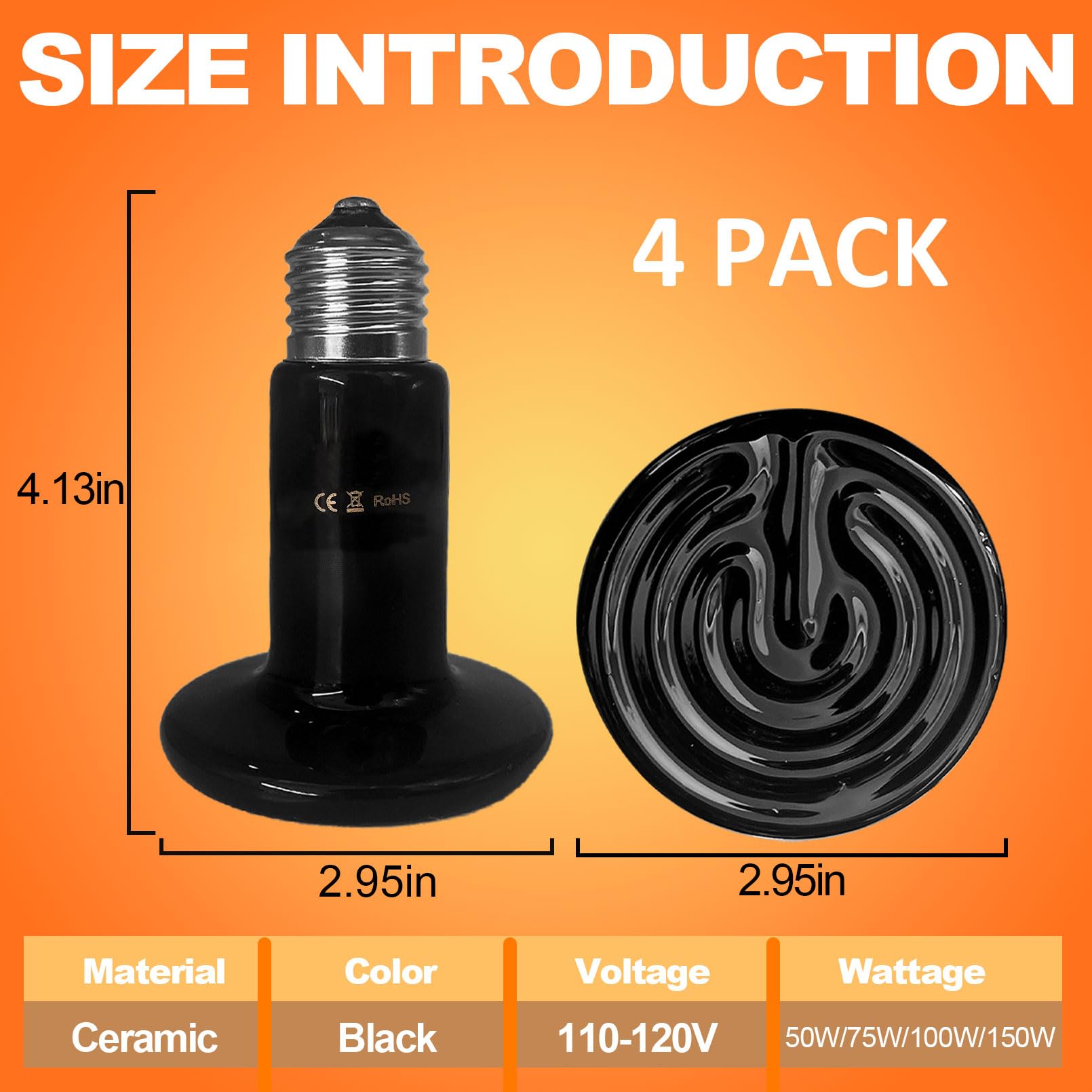 BNOSDM Reptile 150W Ceramic Heat Emitter,4 Pack Reptiles Heat Lamp Bulbs,Brooder Coop Heater Lamp Bulb for Amphibian Reptiles Turtle Lizard Chicken - image 2