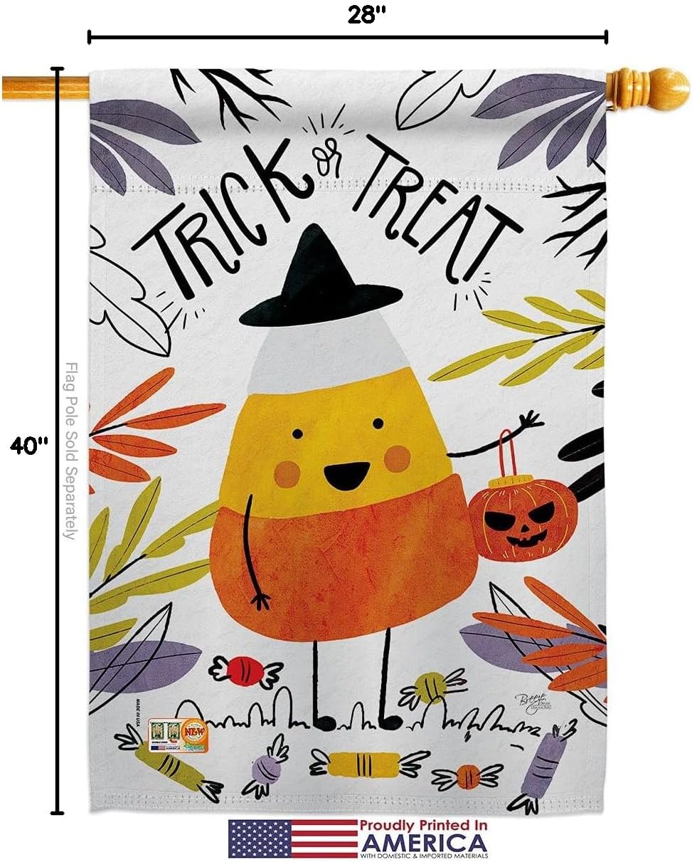 Candy Corn House Flag Falltime Halloween Witch Trick or Treat Spooky Night Black Cat Season Autumntime Pumpkin Small Decorative Gift Yard Banner Made In USA 28 X 40