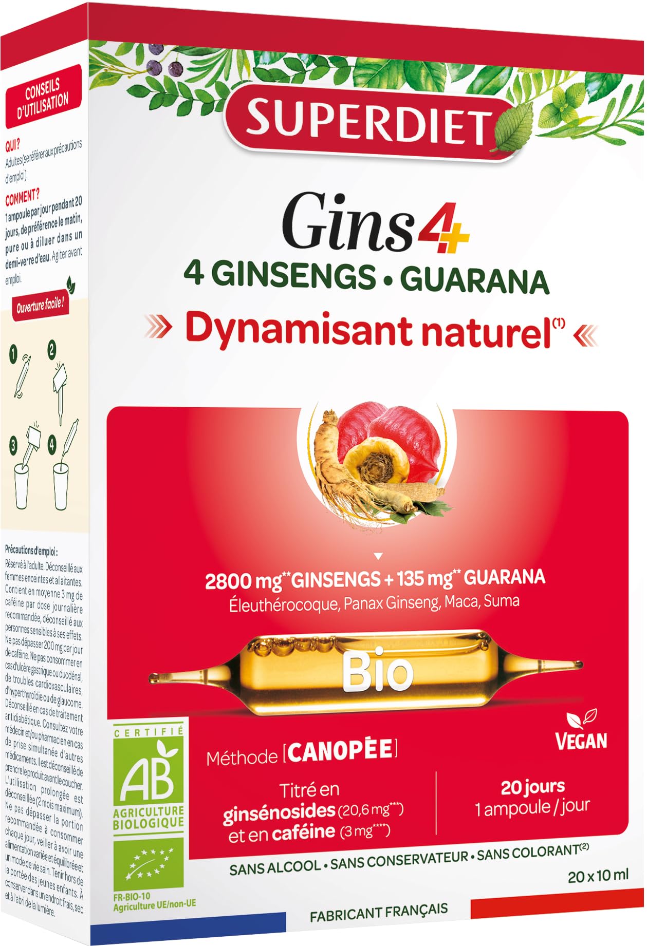 SUPERDIET - 4 GINSENGS ET GUARANA - Boosters toniques, Défenses immunitaires, Formule à bases de 4 ginsengs-20 ampoules de 10 ml