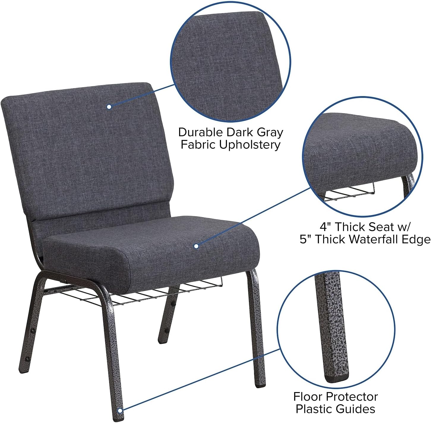 Flash Furniture HERCULES Series 21''W Church Chair in Dark Gray Fabric with Book Rack - Silver Vein Frame