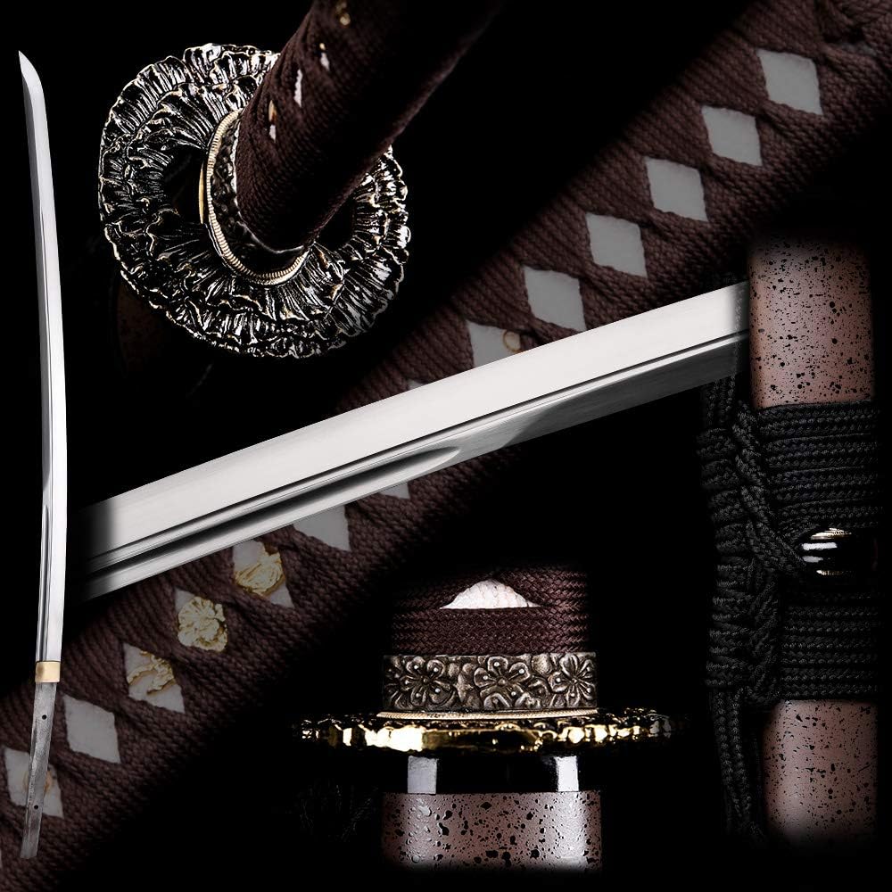 siwode Handmade Full Tang Sharp Katana, Iron Antique Peony Tsuba Japanese Samurai Sword (High Carbon Steel 1060) 40-Inch