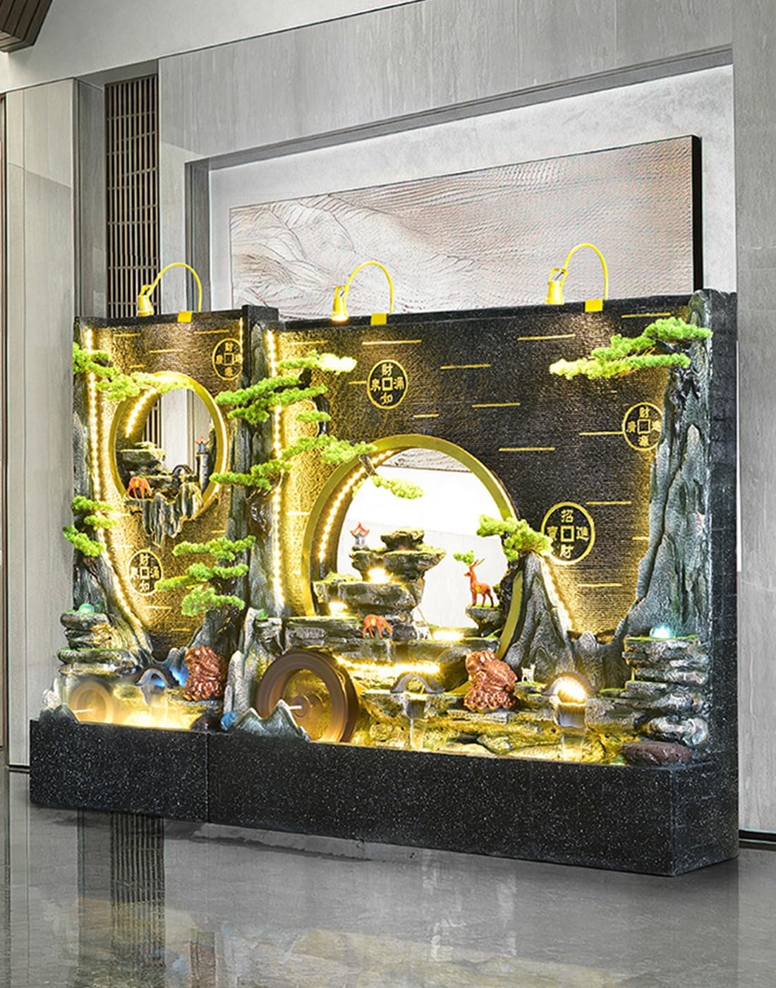 Elegant LED Waterfall Fountain with Bonsai Trees and Decorative Accents – Indoor/Outdoor Water Feature (73 inches Tall, Multi-Panel Design) (Fountians-682196318369-2-AB)(Fountians-682196318369-2-AB)