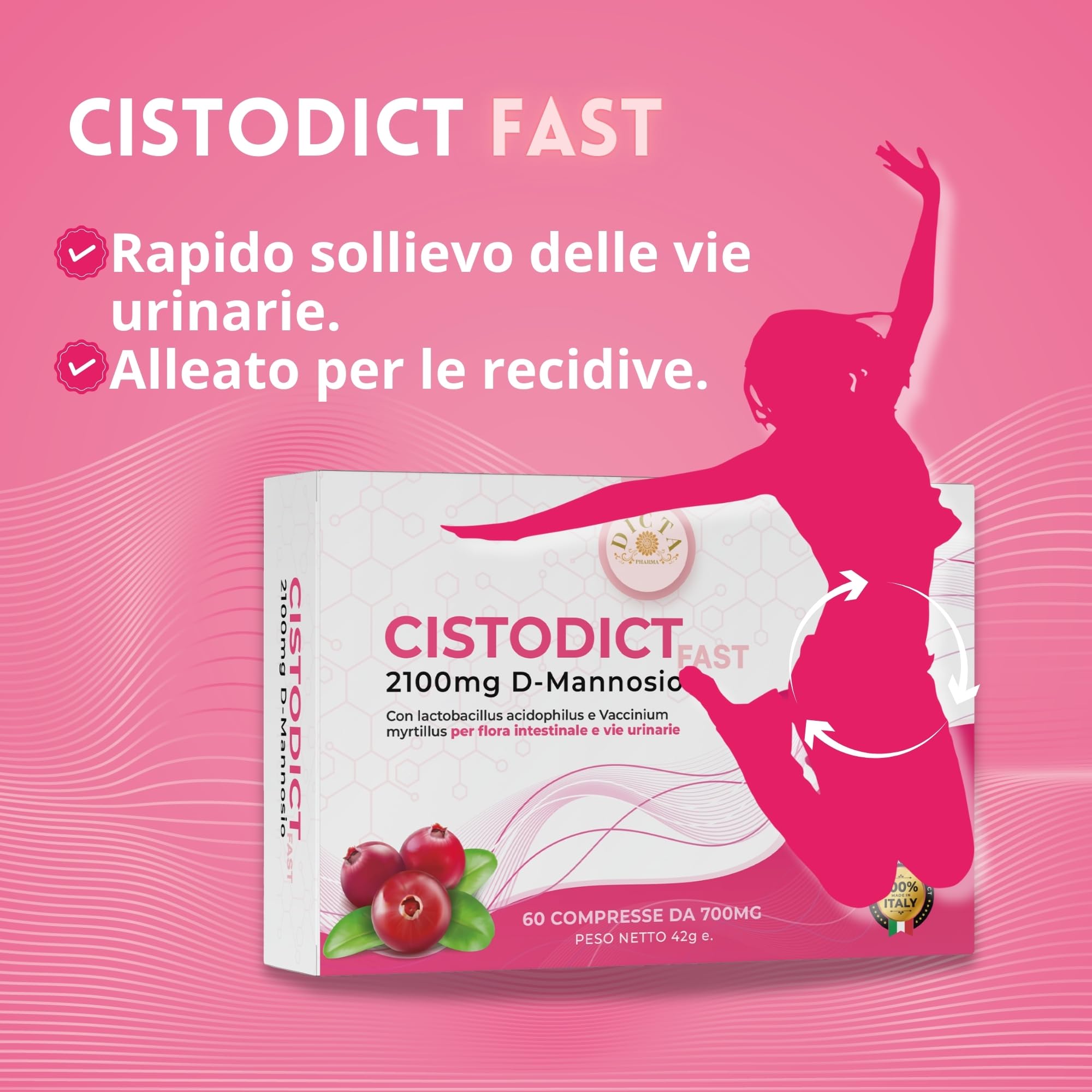 D Mannosio Puro Cistite 2100mg per Vie Urinarie Donna 60 cpr - con Mirtillo Rosso, Agrimonia, Lactobacillus e Inulina, Acido Ialuronico e Rame