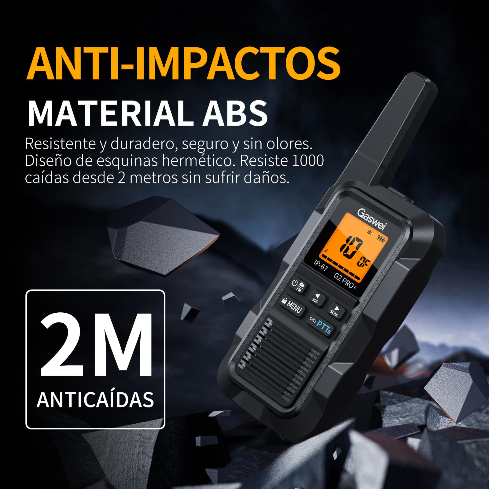 Gaswei G2Pro Walkie-talkies Profesionales para Adultos [IP67 Resistentes al Agua y flotantes] Radio de Largo Alcance con Doble PTT, Alarma SOS, Radio FM (2 Unidades - Negro) - 5