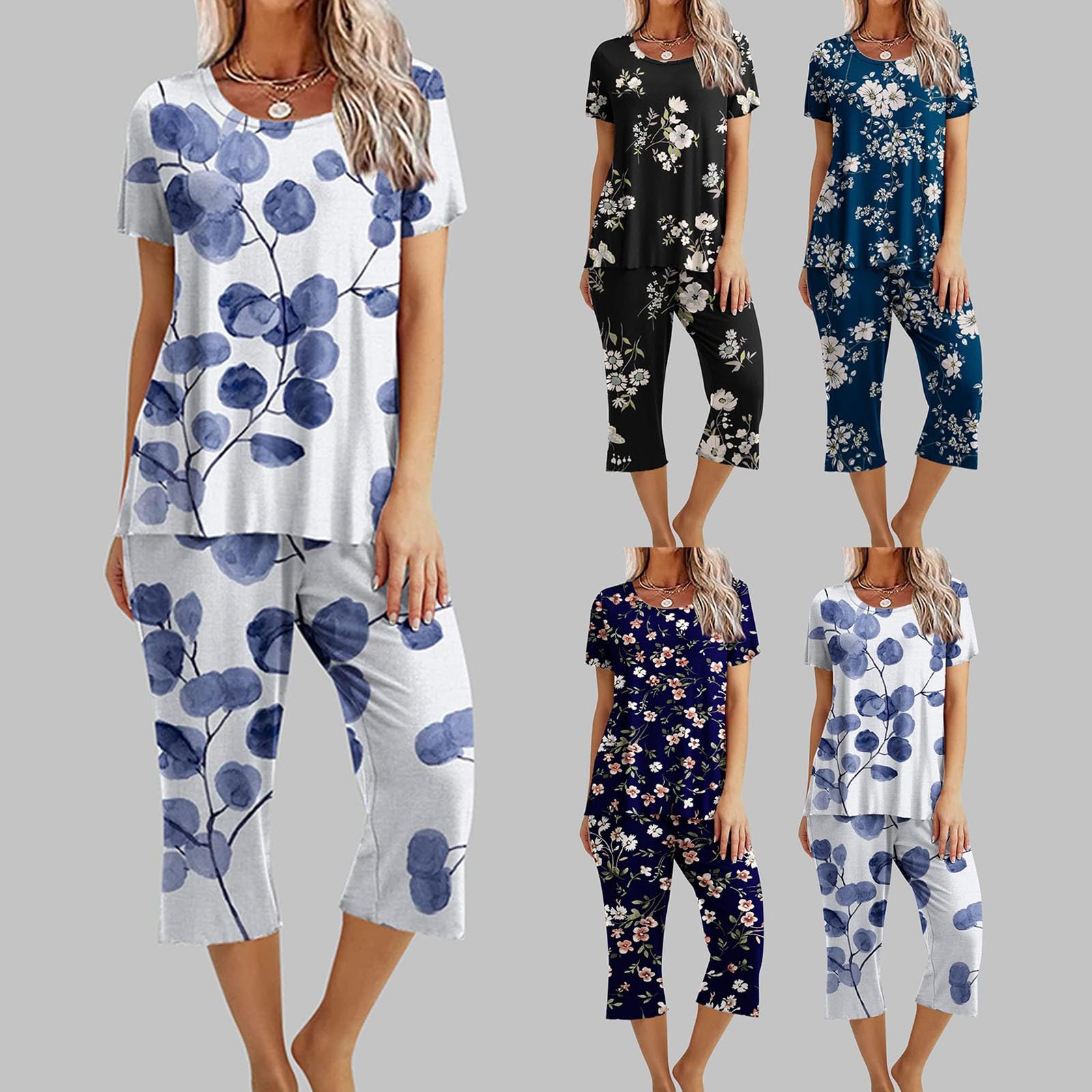Pyjama élégant pour femme - Imprimé floral - Pyjama 2 pièces | Ensemble de pyjama avec poches - Manches courtes - Col rond et taille élastique - Pantalon de pyjama 7/8