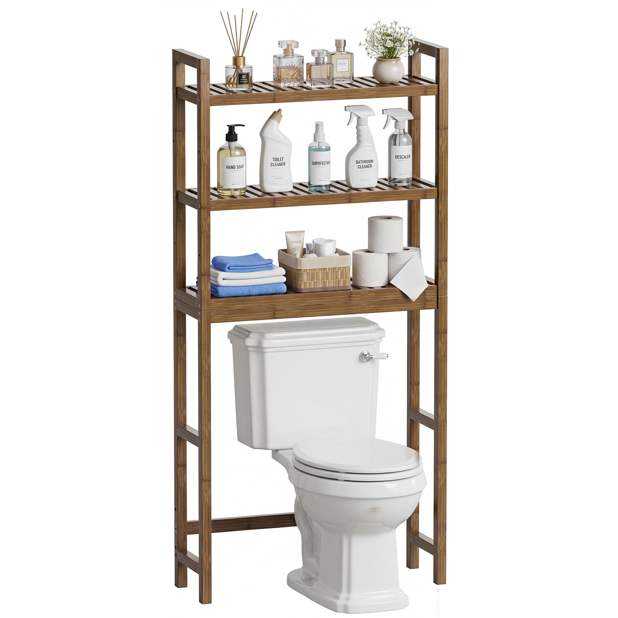 SMIBUY Toilettenregal, Bambus WC Regal, Verstellbar Waschmaschinenregal, Badezimmerregal mit 3 Ablageflächen, platzsparend, leicht zu montieren, Walnuss Küche, Haushalt & Wohnen
