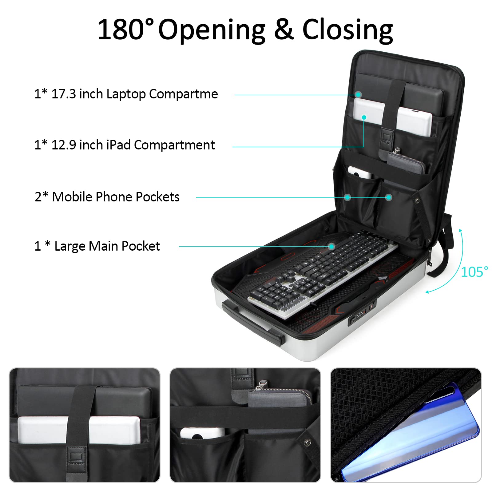 VARLIVOO Uomo Zaino 17.3" Laptop Serratura Antifurto Zainetto con Porta di Ricarica USB Alta Capacità Borse Lavoro Viaggio Scuola Università Campeggio Antifurto Zaino Guscio Rigido PC Argento