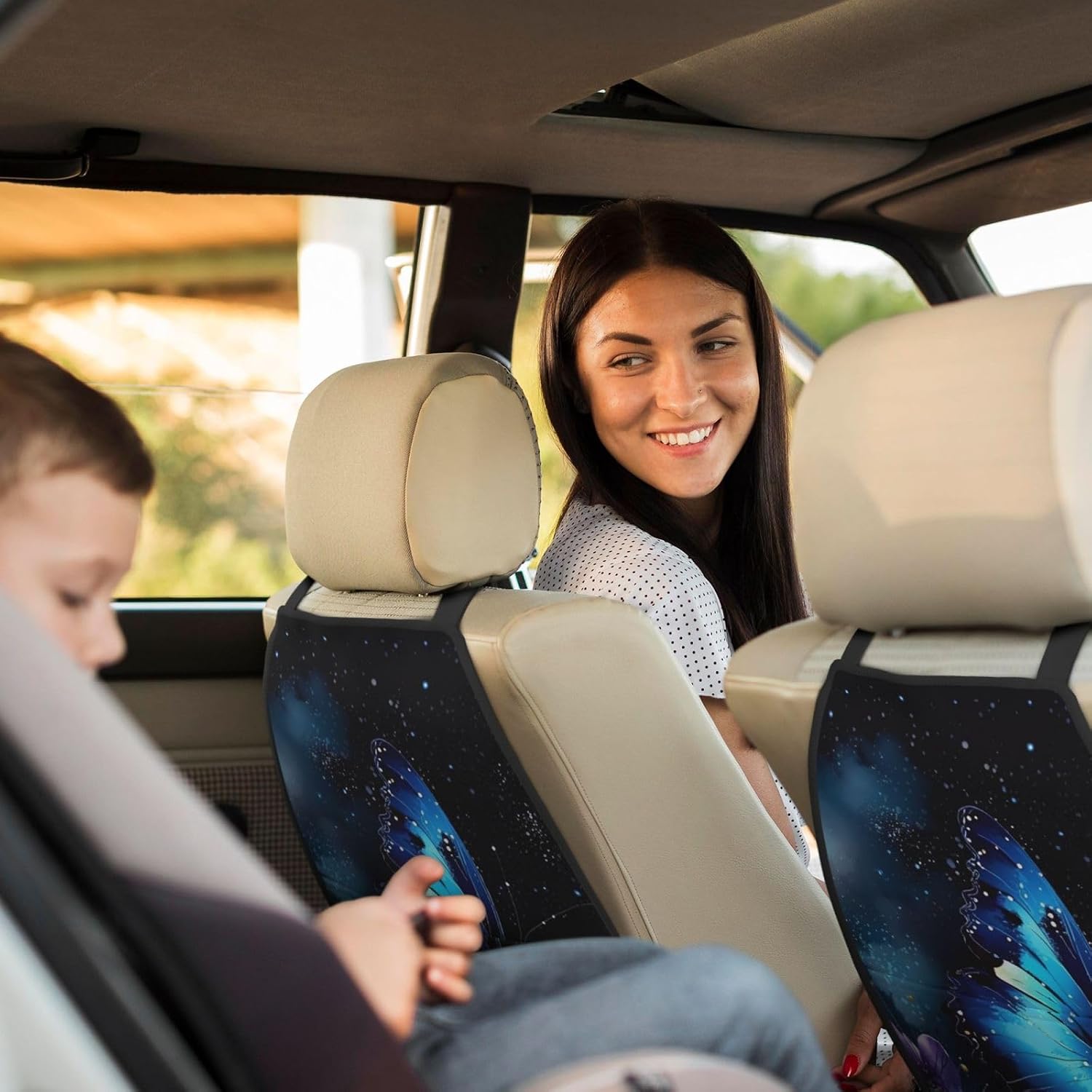 Kick Mat Back Seat Protector for Car 2 Pack Extra Large Car Back Seat Cover with 3 Storage Pockets Waterproof Seat Back Protector Galaxy Blue Butterfly Backseat Car Organizer for Trucks SUV