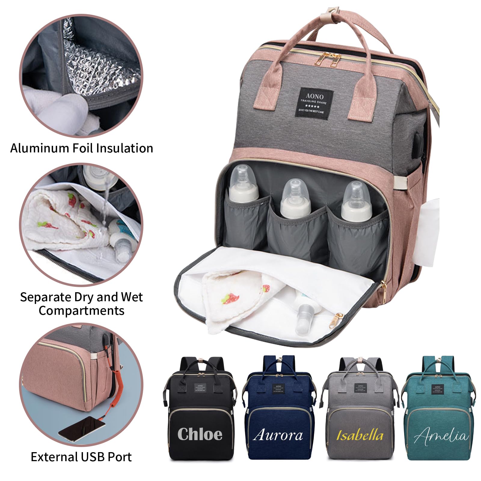 Personalisierte Wickelrucksäcke mit Wickelstation, großer Wickelrucksack mit Sonnenschutz und Spielzeugstange, Kinderwagenriemen und isolierten Flaschenfächern Babyparty-Suche, Geschenk zur Babyshower