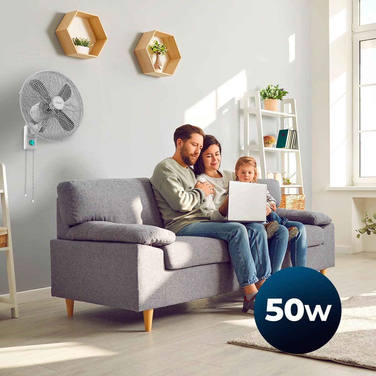 Cecotec - Ventilatore da parete EnergySilence 4500 Power Wall. 50 W, diametro 30 cm, 4 pale aerodinamiche, interruttore a catena, 3 velocità, include elementi di montaggio