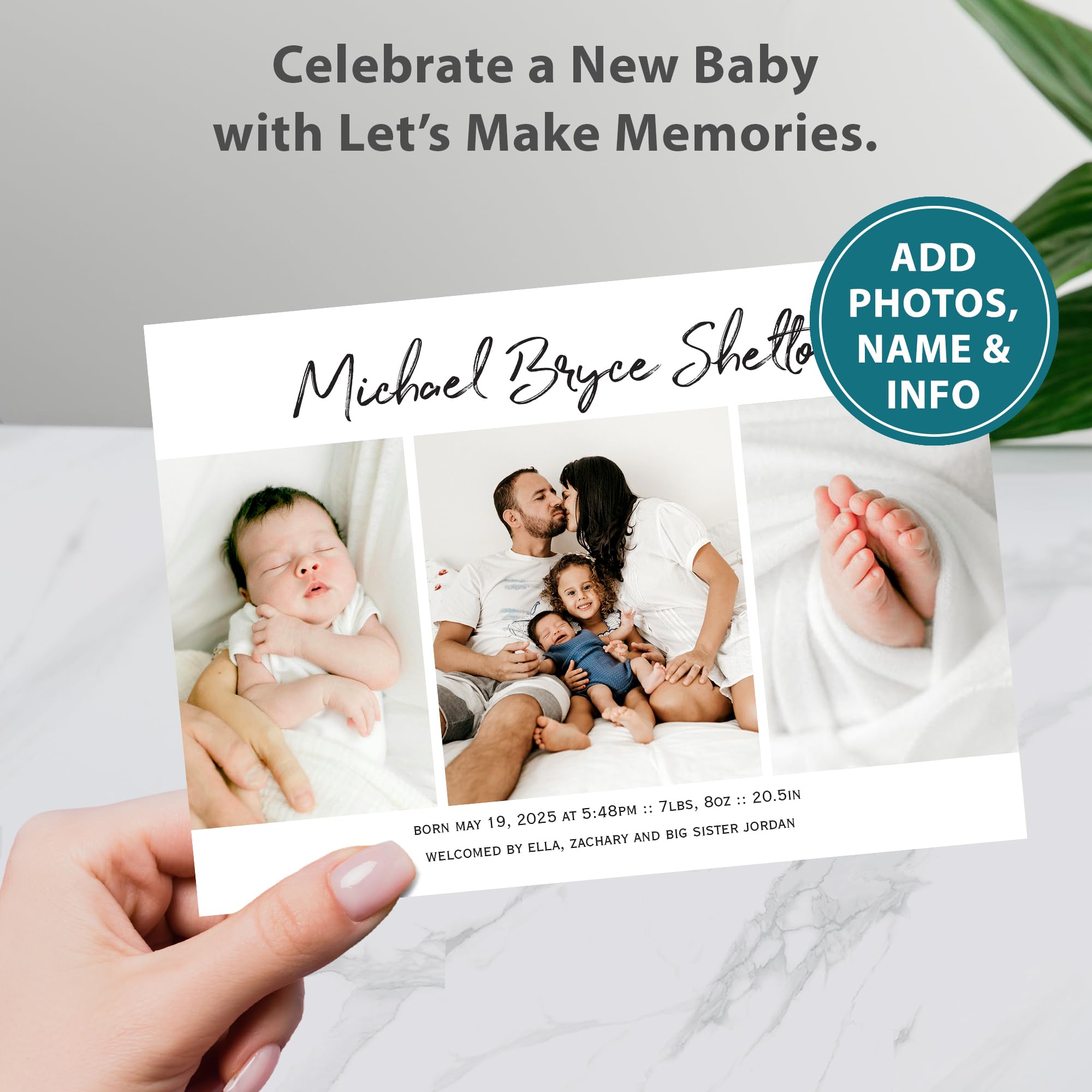 Let's Make Memories Personalized Baby Announcement Cards - Birth, Adoption - Boy, Girl - Premium Quality Custom Photo Cards for Mailing - 5x7 - Includes White Envelopes - Bold Script - 15 ct