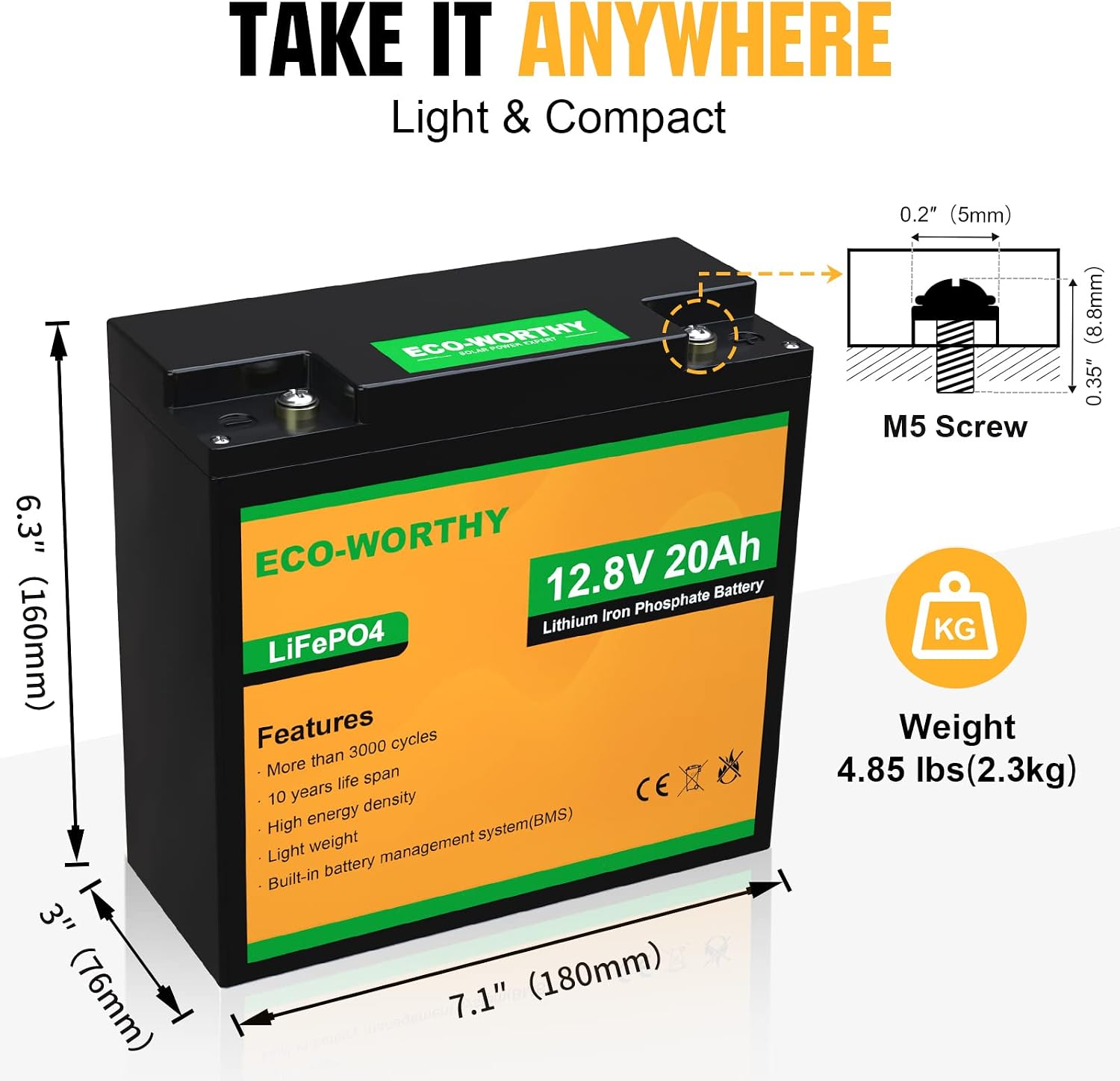 ECO-WORTHY 12V 20Ah Lithium Battery, 3000+ Deep Cycle Rechargeable LiFePO4 Lithium Ion Phosphate Battery with BMS for Trolling Motor, Fish finder, Kids Scooters, Power Wheels, Outdoor Camping