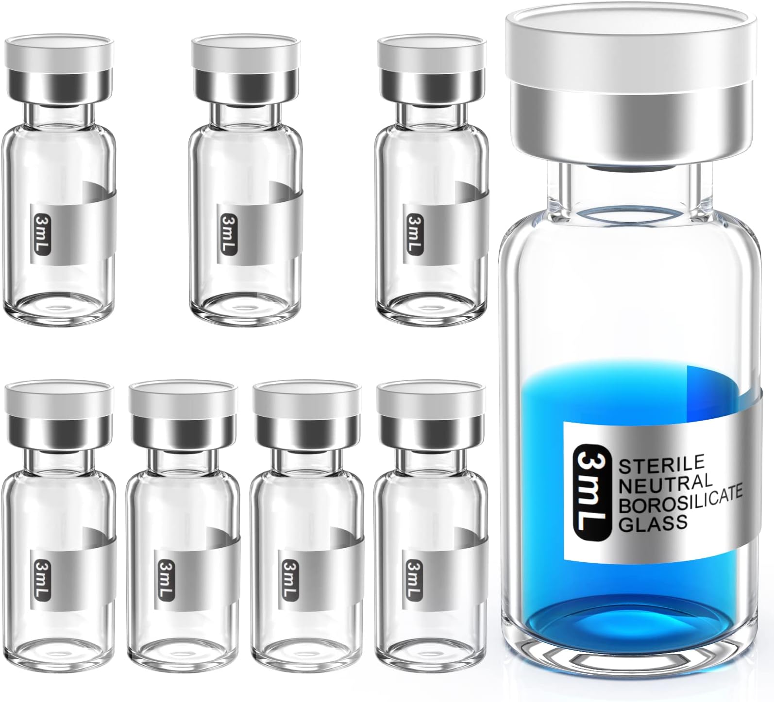 Biomed Solutions Empty Sterile Vial Sealed with Butyl Rubber Stopper and Flip Top Closure,Type 1 Borosilicate Glass Tubing,Individually Packed (3mL 8Pcs)