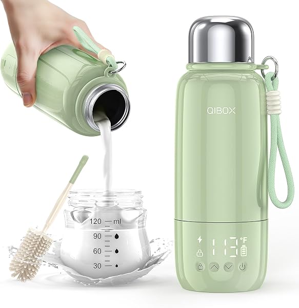 QIBOX Portable Bottle Warmer for Travel - 3Min Fast Heating of Breast Milk and Formula, 36W Fast Charge, 17 Ounces Large Capacity, Baby Bottle Warmer On The Go for Outdoor Airplane and Car, Green