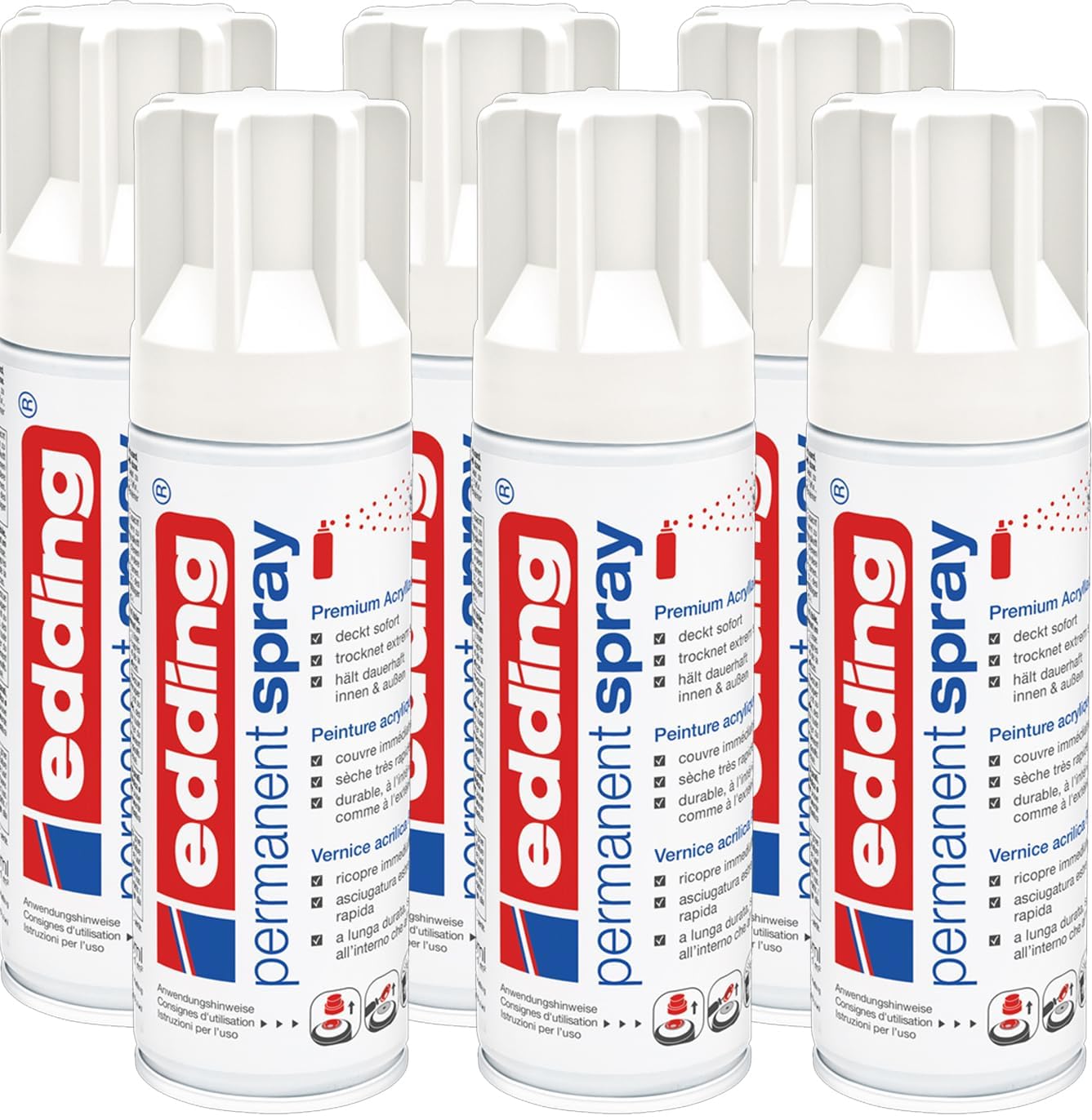 edding 5200 Permanent Spray - verkehrsweiß matt - 6x 200 ml - Acryllack zum Lackieren und Dekorieren von Glas, Metall, Holz, Keramik, Kunststoff, Leinwand - Lackspray, Acrylspray