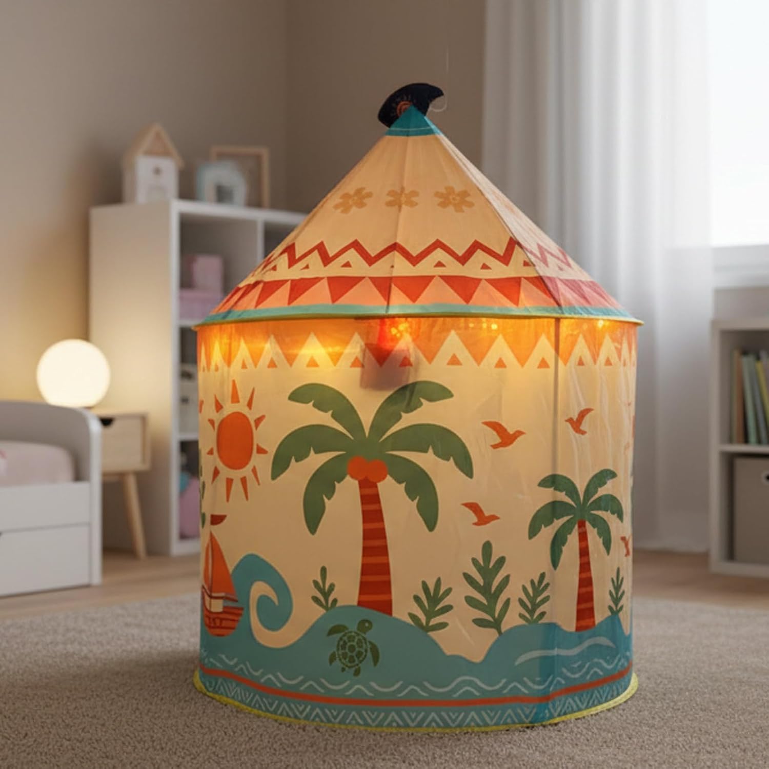 Tropical Adventure Princess Play Tent for Kids, 53"x41" Island-Themed Pop-Up Playhouse with LED Lights & Carry Bag, Indoor Outdoor Tent for Girls & Boys Ages 3–9