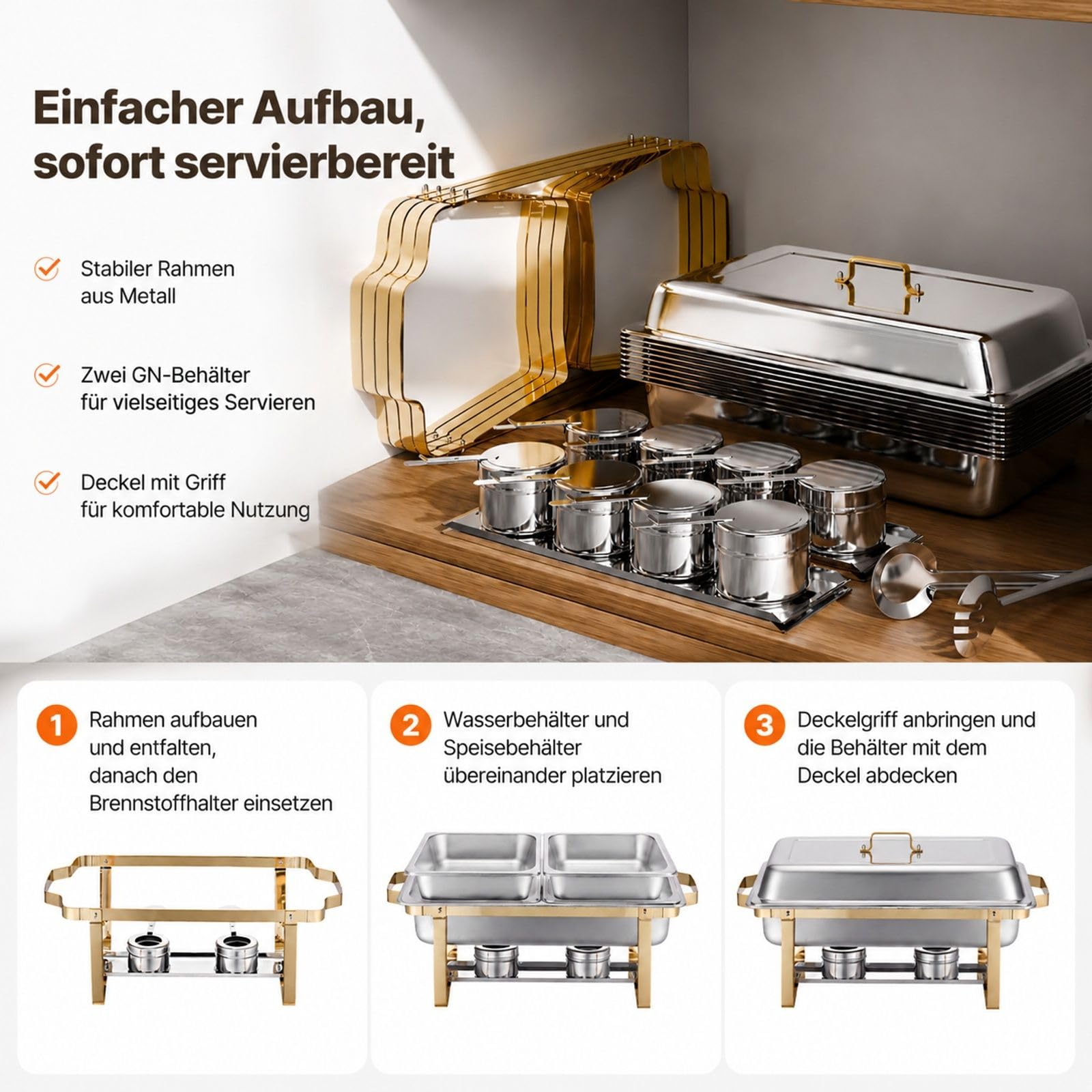 Rechteckiger Chafing Dish 4-teilig 7,5 L aus Edelstahl in Goldoptik für Buffet und Hotel
