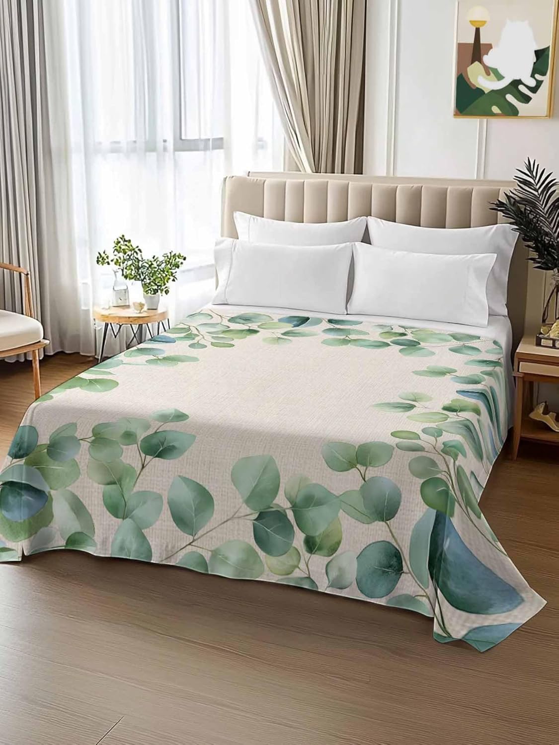 Top Sheet Twin XL Bedding Flat Sheet Only, Vintage Eucalyptus Leaves on Linen Microfiber Bed Sheets Soft Breathable Bedding Flat Sheets, Country Green Leaf Hotel Luxury Top Sheets