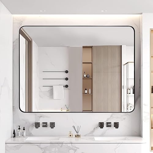 Miniatura 7 de ANDY STAR Espejo de pared para baño, espejo de baño negro mate de 30 x 36 pulgadas, espejo rectangular de esquina redondeada con marco de metal
