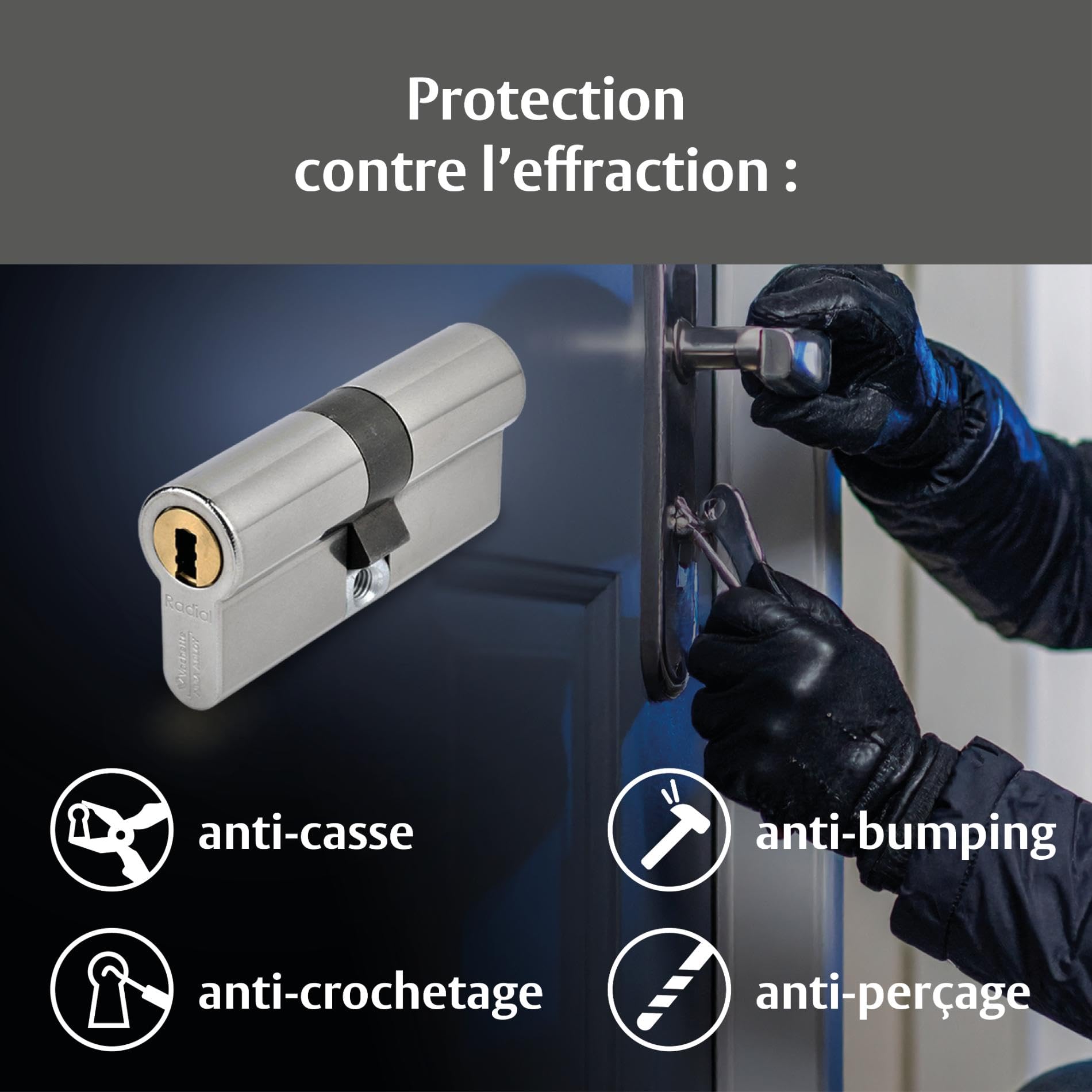 Vachette RADIALis - Cylindre de Serrure Débrayable SYNKRO 32,5x32,5 mm Inox, Sécurité Maximale, pour Porte extérieure, porte d'entrée - 4 Clés Incopiables, Carte de Propriété