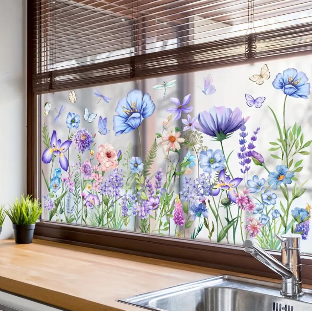 WandSticker4U®- Pegatinas ventanas primavera flores CAMPO de FLORES azul reutilizables (95x59 cm) I Vinilo ventanas flores plantas I Decoración ventana salón dormitorio verano GRANDE (no adhesivo)