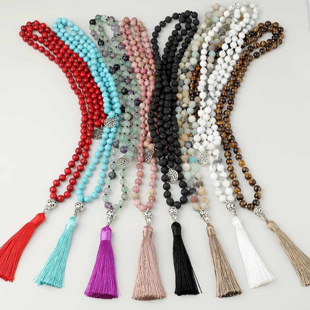 HXSCOO 108 Beads 8mm Turquoise Black Onyx Amazonite Mala Necklace Tree of Life Pendant Meditation Yoga Buddha Jewelry (Color : Red Turquoise)