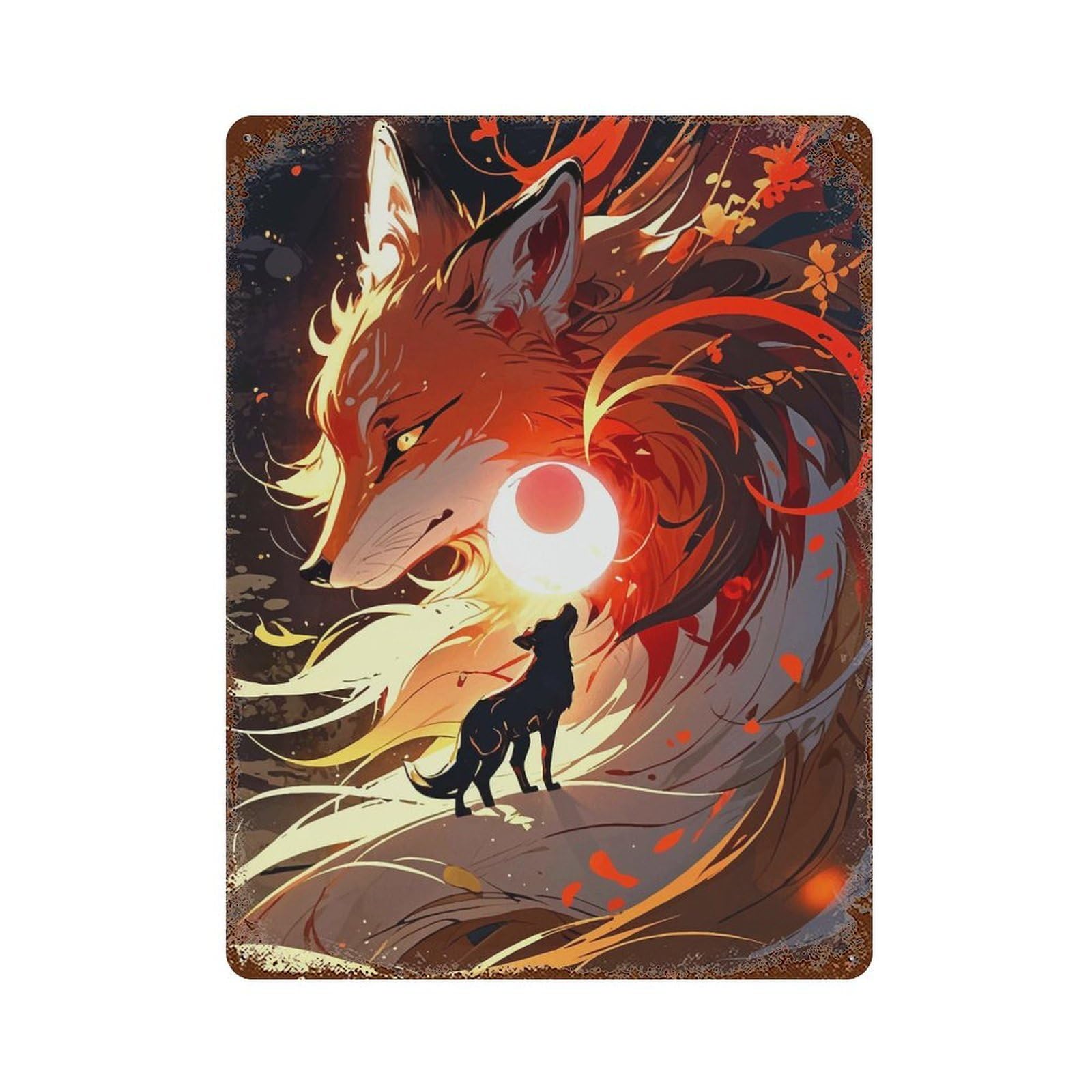 Rust Effect Kitsune Japanese Fox Rusty Metal Tin Sign 15.7"x11.8", Farmhouse Wall Decor for Cafe, Home Bar And Lounge Decor