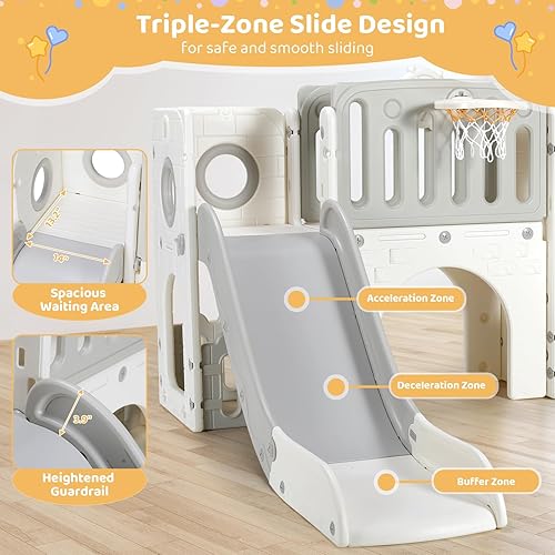 Miniatura 4 de Arlopu Tobogán 9 en 1 para niños pequeños, juego para exteriores con pendiente larga, juego de escalador para bebés, telescopio, túnel, espacio de