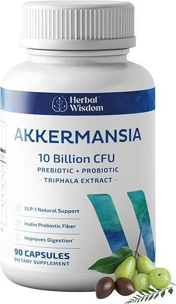 Akkermansia Muciniphila | 90 Count | 10 Billion CFU | Probiotic+Prebiotic | Gut Health & GLP-1 Support| Aids Digestion & Immune Health | Ease Bloating | Inulin Triphala | Women & Men | Gluten Free