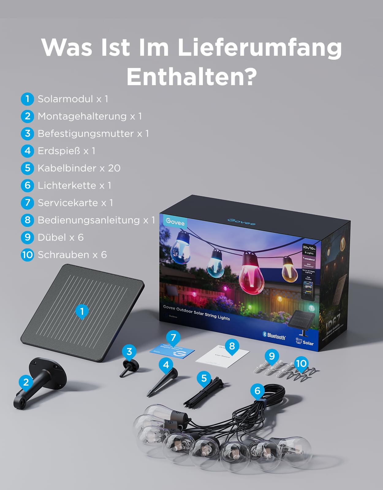 Govee Solar Lichterkette Outdoor 10m, RGBICW mit 16 Millionen Farben | 112 Szenenmodi, App-Steuerung, nur Bluetooth, 8 dimmbaren splitterfreien LED-Lampen, 50lm, IP67 für Balkon, Garten, Camping