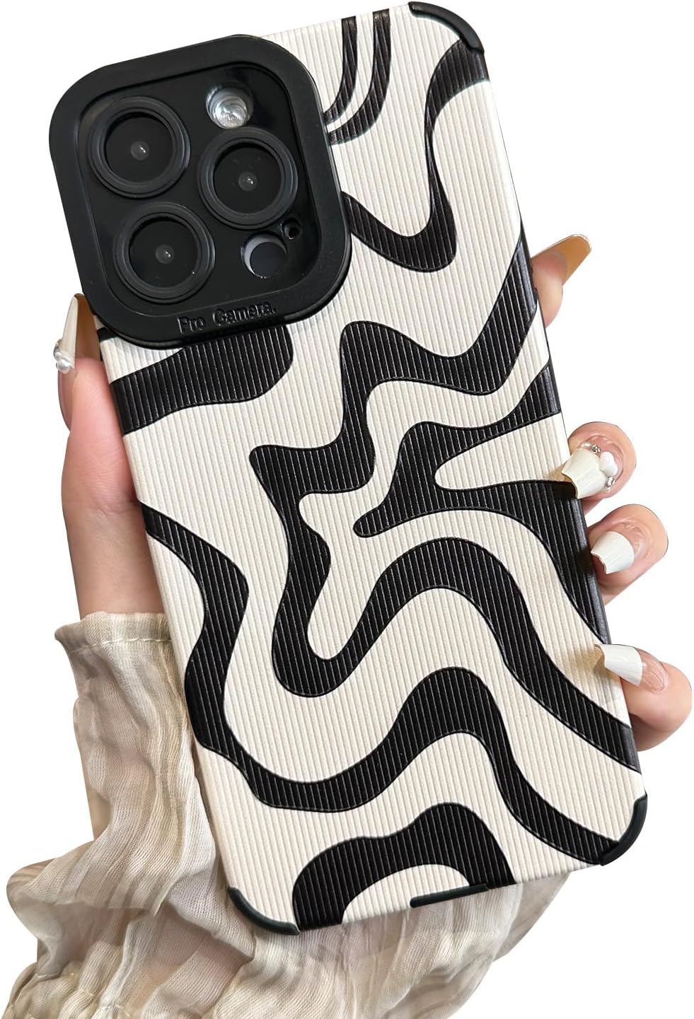 Designed for iPhone 14 Pro Max Phone Case, Soft PU Leather TPU and Cute Art Wavy Painted for Women Girls, Slim Protective Shockproof Compatible with iPhone Case (Beige, iPhone 14 Pro Max)