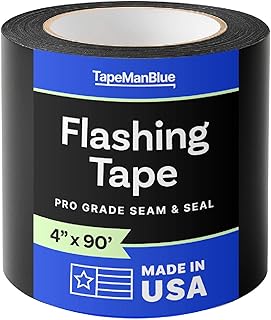 Flashing Tape for Windows and Doors, 4 in x 90 ft Roll, Made in USA, Black Self-Adhesive Flashing Tape Waterproof, UV Resistant, Acrylic Adhesive, Great for Sealing Doors, Windows, Panel Seams (1)