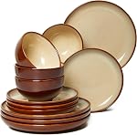 POKINI Stoneware Dinnerware Set, 32 PCS Reactive Glaze Plates and Bowls Set, Handmade Round Ceramic Dish Sets Service for 8, Highly Chip and Crack Resistant Modern Dinner Plate Set, Brown Green