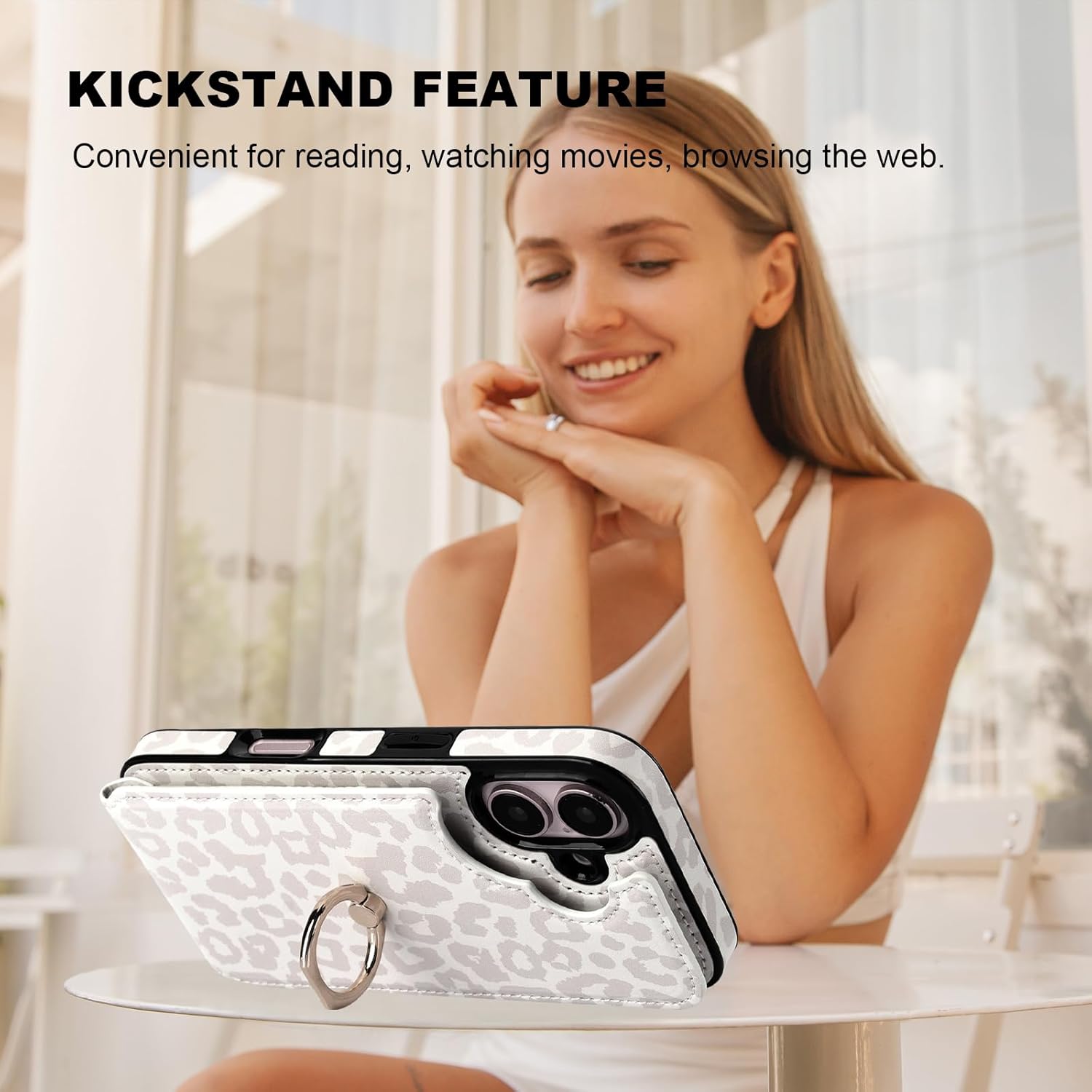 HAOPINSH for iPhone 16 Wallet Case with Card Holder, 360°Rotation Ring Kickstand, White Leopard Pattern, RFID Blocking Leather for Girls Women, Double Buttons Protective Cover 6.1"
