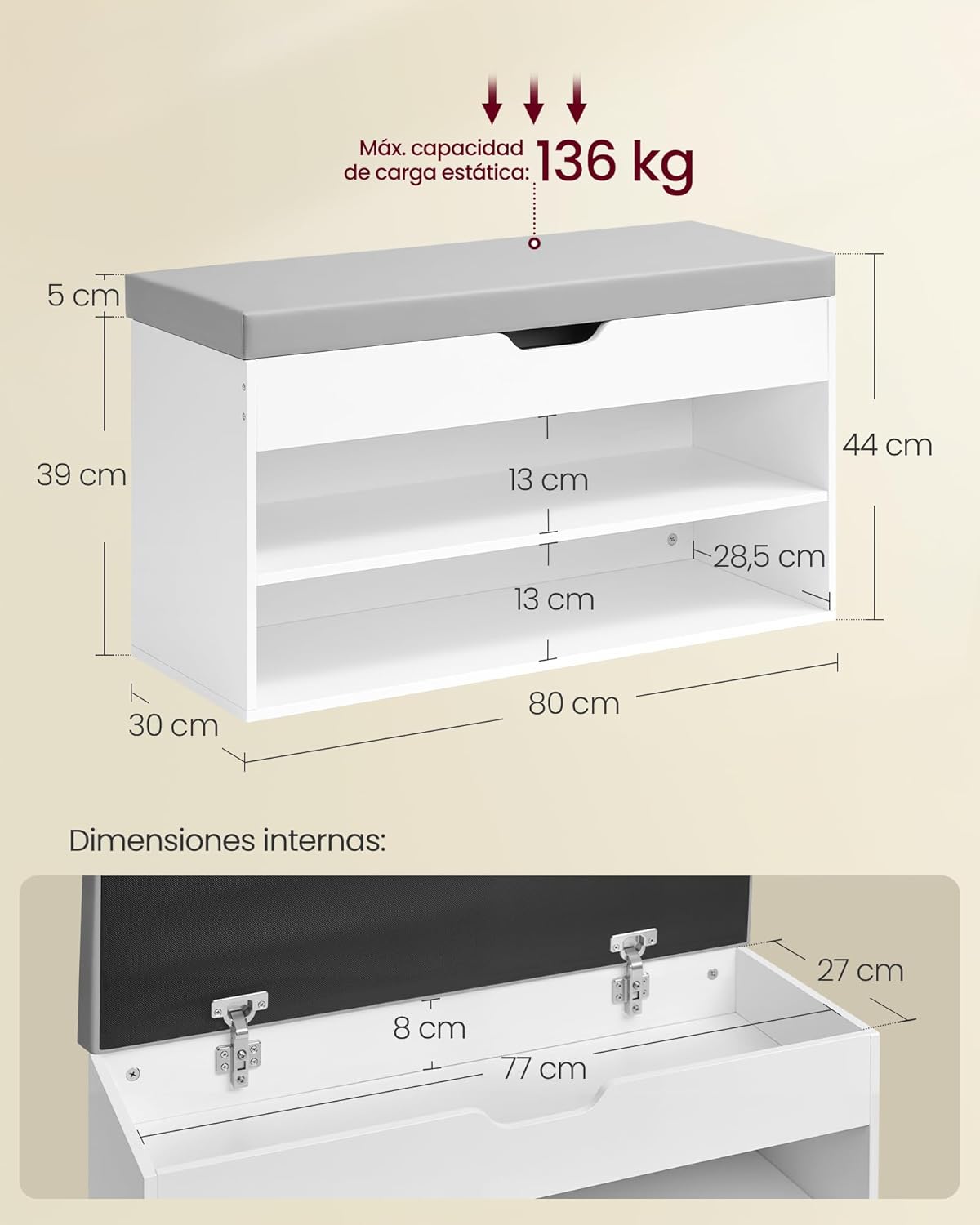 Detailed dimensions of the VASAGLE shoe bench, including height, width, depth, and internal compartment measurements.