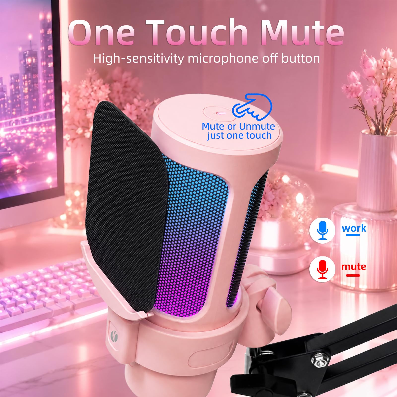 V VCOM Microfono USB per PC, microfono da gioco rosa con braccio e modalità
